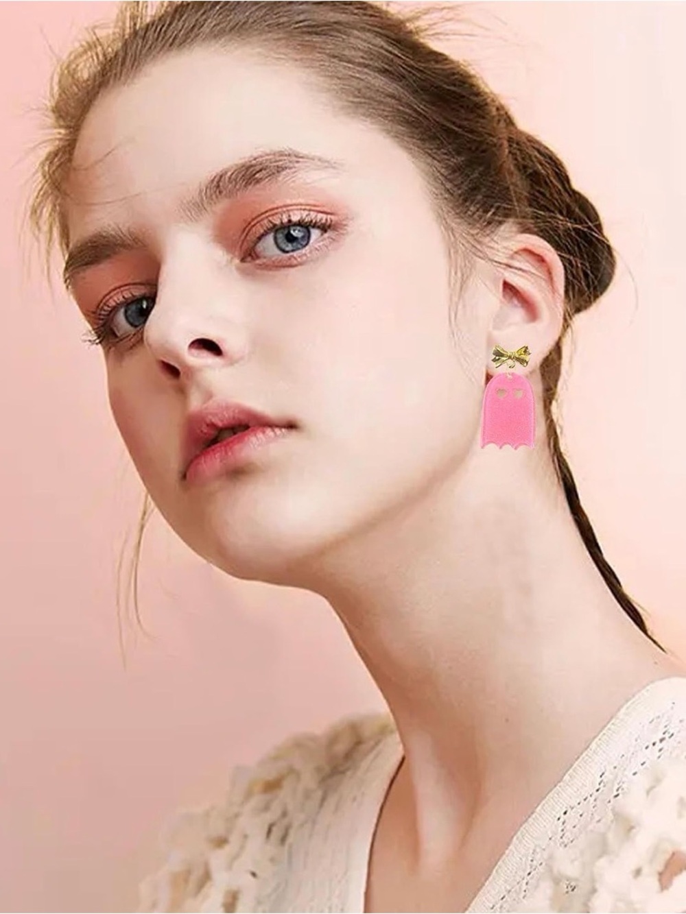 Pink Ghost Bow Drop Earrings for Kids - Picture 3 of 4